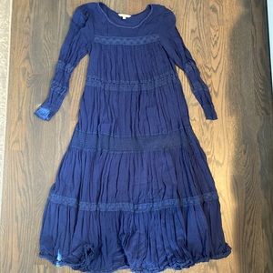 Blue tiered midi dress with lace patterned cutouts, size small